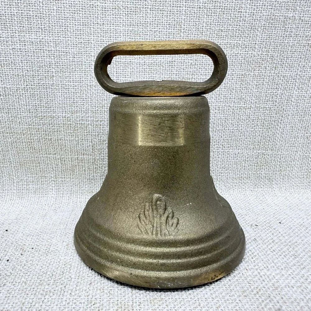 Vintage Heavy Brass Hand Bell Fleur-de-Lis Emblem Antique Style School Bell 5in